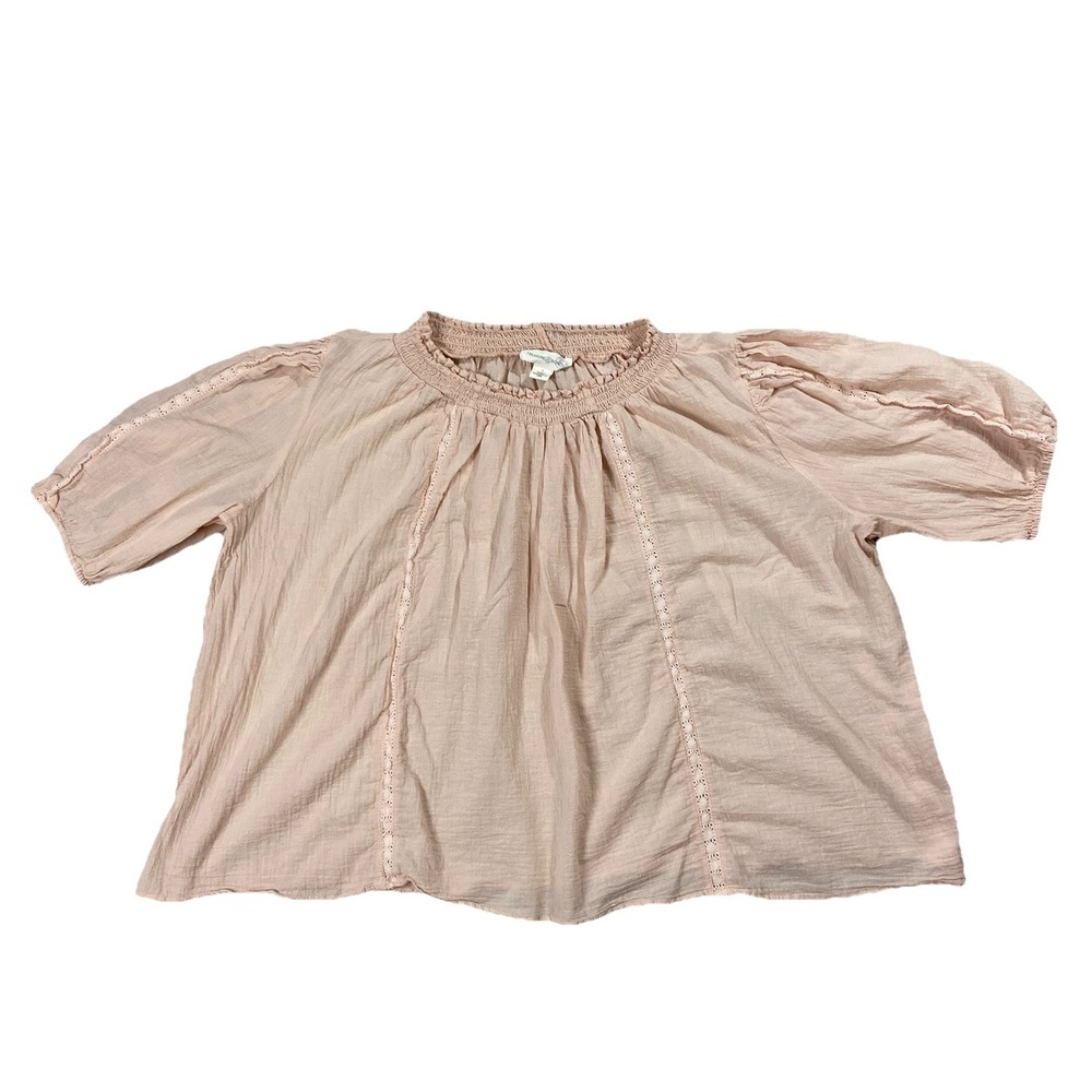 Treasure & Bond Short Puff Sleeve 100% Cotton  Peasant Top Eyelet Lace Women's L